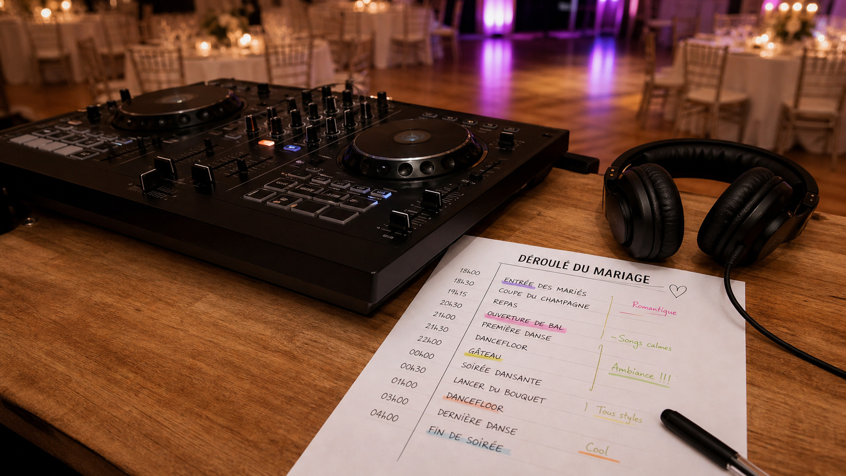 Planning de mariage annoté à côté d'une console de DJ