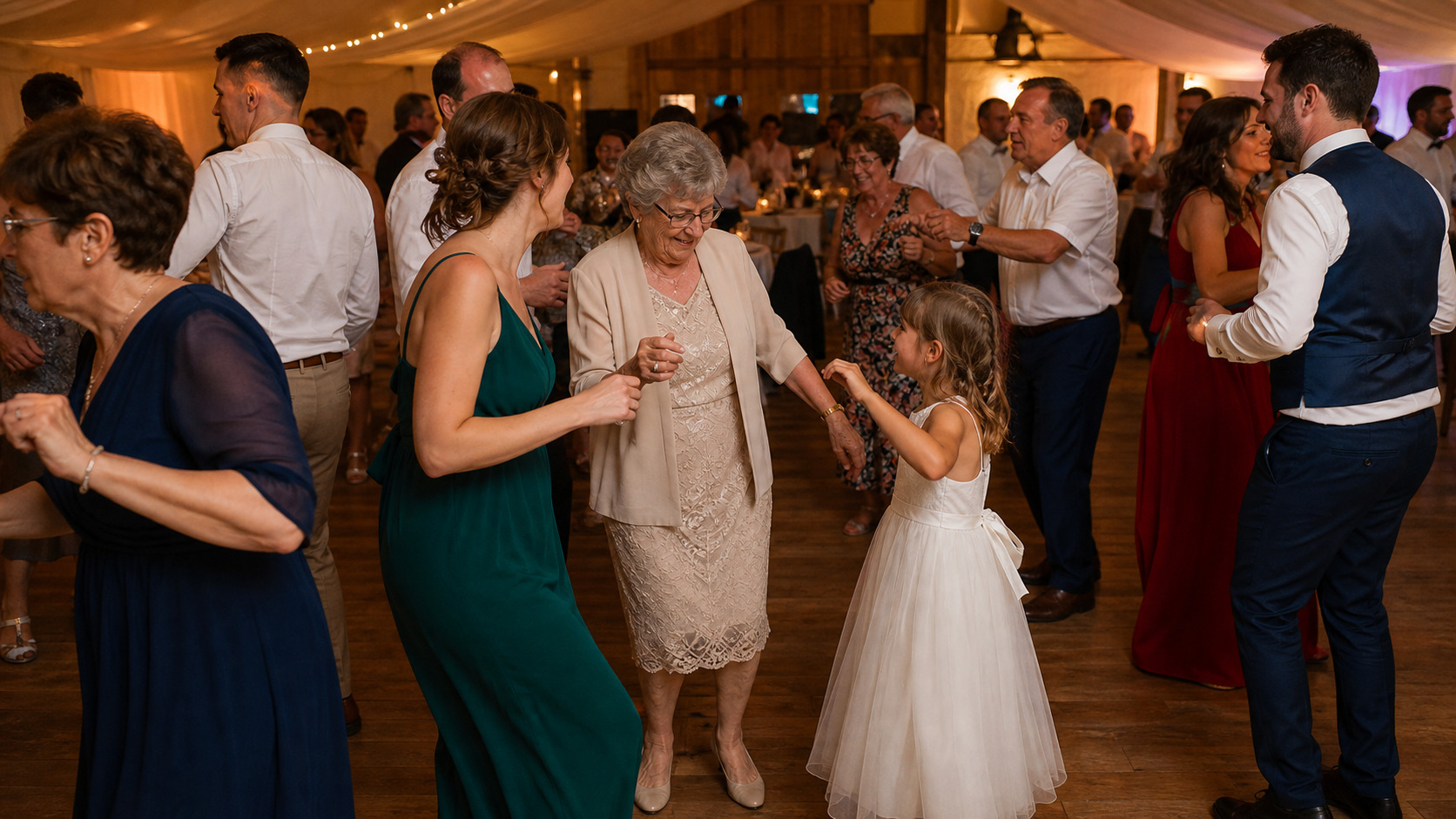 Invités de plusieurs générations sur une piste de danse de mariage
