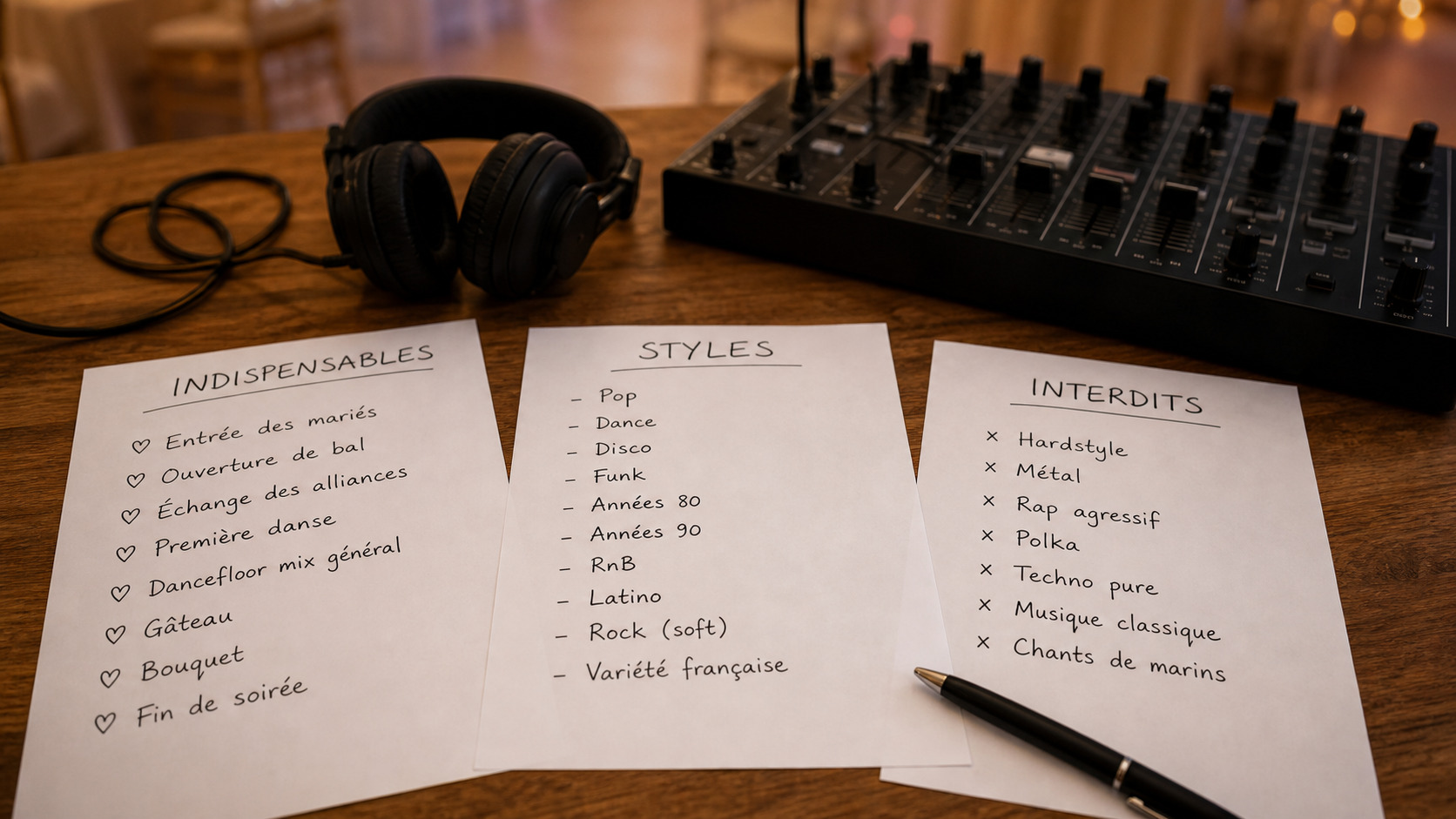 Trois listes de chansons nommées indispensables, styles et titres à éviter