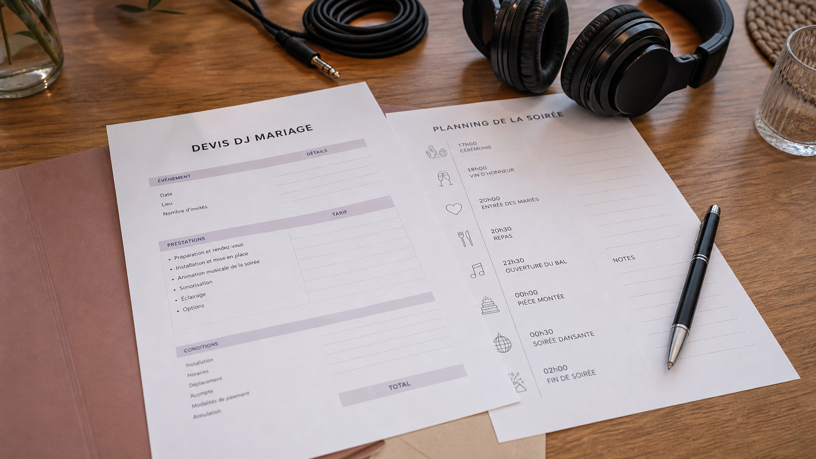 Devis de DJ de mariage posé à côté d'un stylo et d'un planning de réception