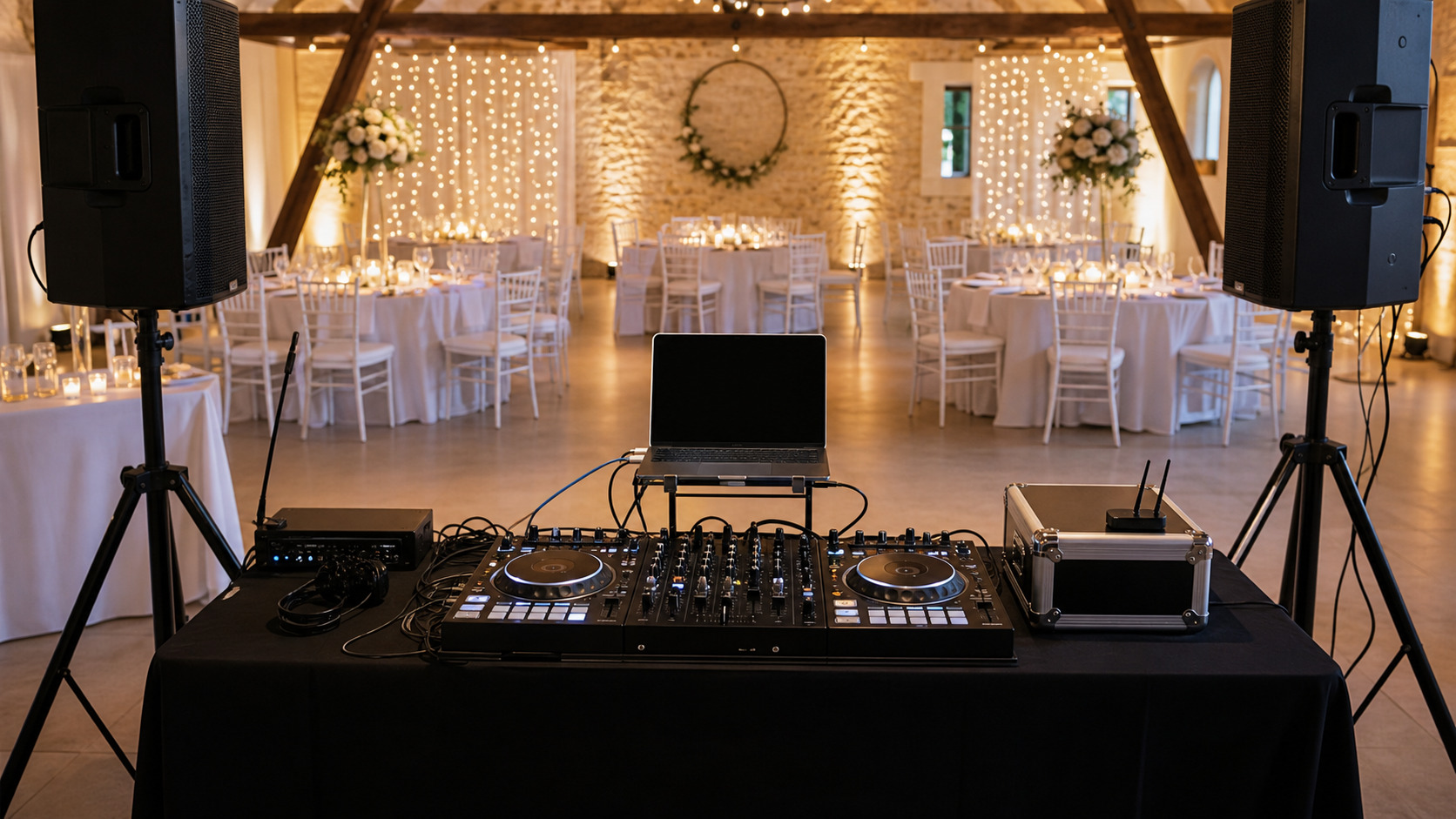 Régie de DJ installée dans une salle avec câbles rangés et enceintes sur pieds