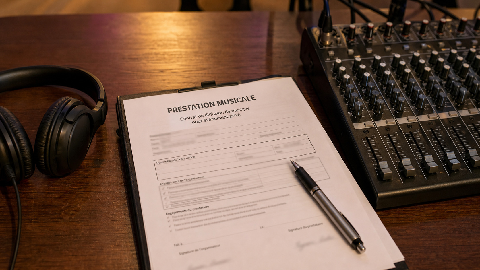 Contrat de prestation musicale posé près d'une console de mixage