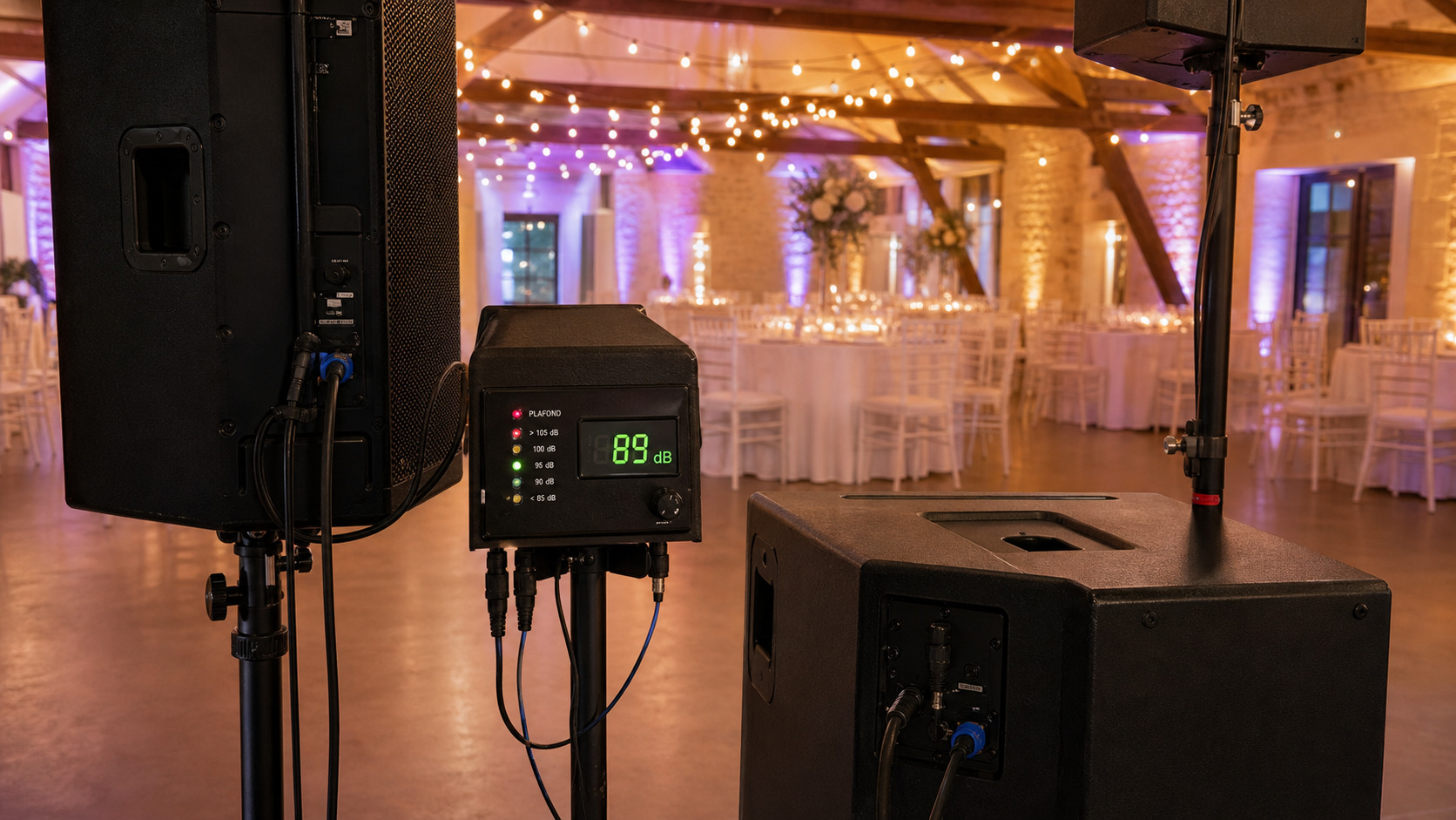 Enceintes de soirée installées dans une salle de mariage près d'un limiteur de son